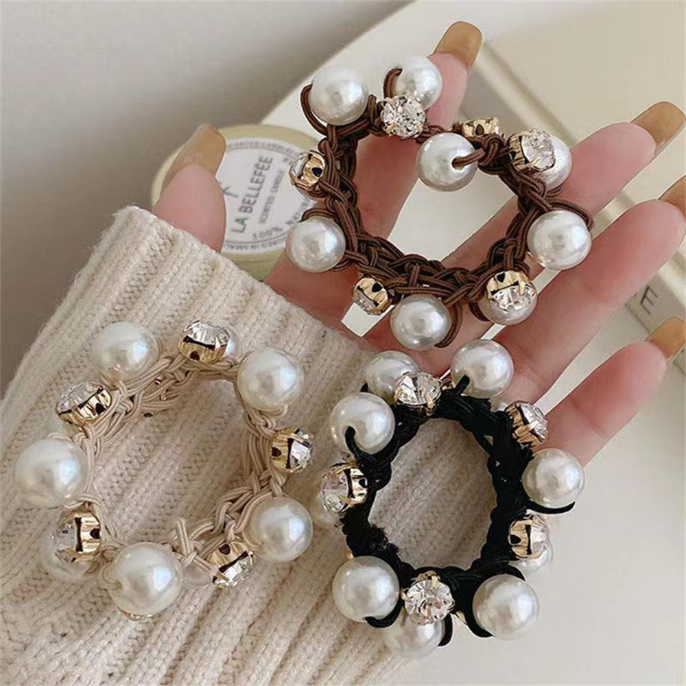 Anillo de pelo de perla para mujer, tocado de intestino de perla de terciopelo negro, diamantes de imitación brillantes para niña, accesorios para el cabello