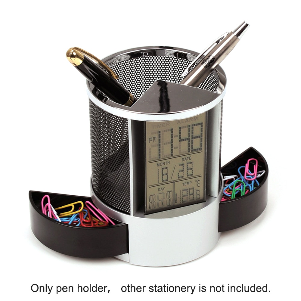 Stylo porte-crayons numérique LCD | Alarme de bureau, maille, minuterie, température, Table, calendrier, horloge de bureau, 2 petits tiroirs