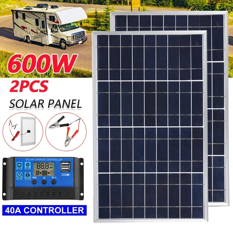 Kit completo de painel solar 300W / 600W 12V policristalino USB Power portátil ao ar livre recarregável gerador solar de célula solar