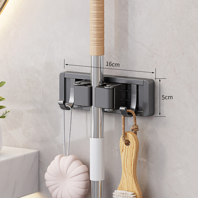 Mop en Bezem Organizer Mop Houder Rack Mop Houder Wandmontage Sterke Bezem Mop Houder Zelf Met 5-Haken Organisatoren Hang Bezem: Black