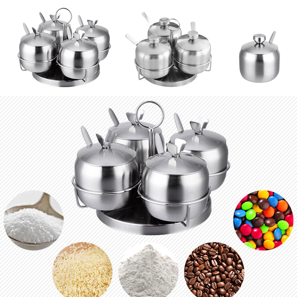 Stainless Steel Condiment Set Condiment Pots with Lids, Serving Spoons, 8.5cm Diameter