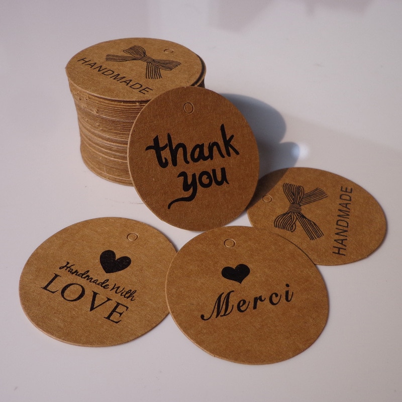 500 stks/partij 4 Disign Handgemaakt met Liefde Dank u Merci (String Inbegrepen) kraftpapier tag tag DIY Hang Tag Dia.4cm