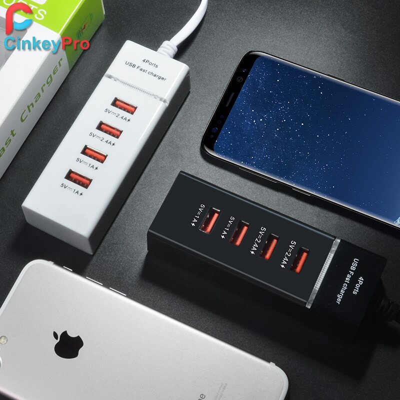 CinkeyPro 4-Ports USB Charger with LED Light Table Adapter Mobile Phone Fast Charging for iPhone iPad Samsung Universal