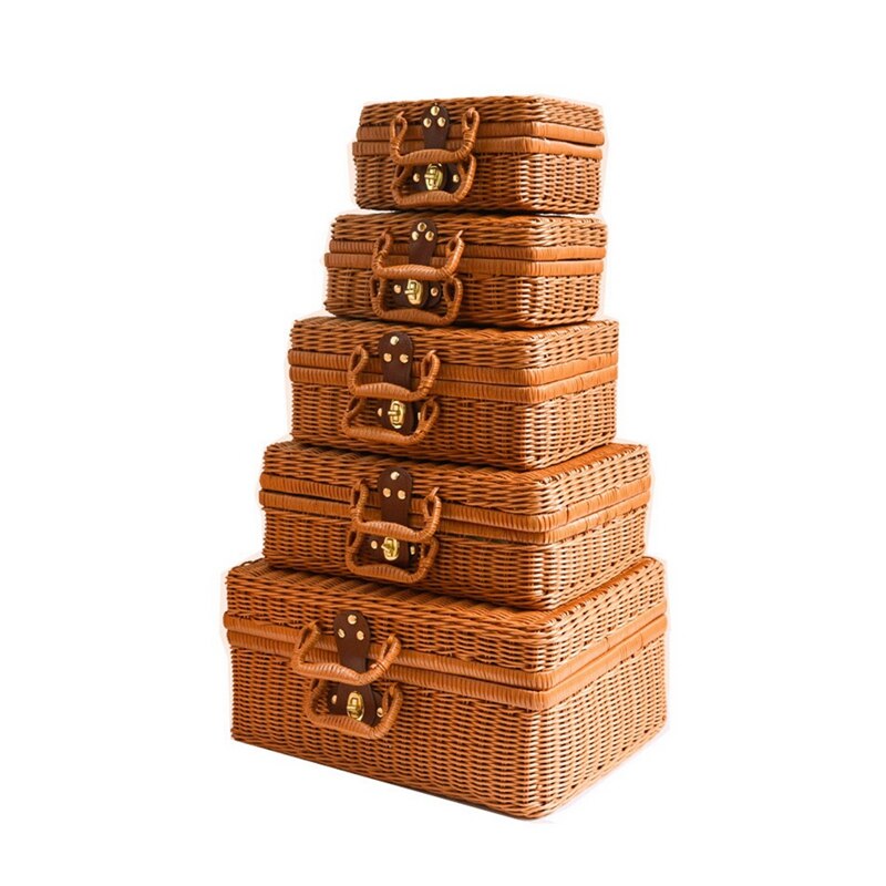 Valise Vintage en rotin Imitation PE, matériel de Protection de l&#39;environnement, boîte de rangement de cosmétiques, boîte de décoration