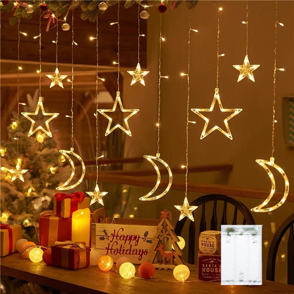 3,5 M Sterne Mond Vorhang Lichterketten Batteriebetriebene Weihnachten Girlande Lampe Hängen Ramadan Lichterkette für Zimmer Neujahr Dekor: Blau