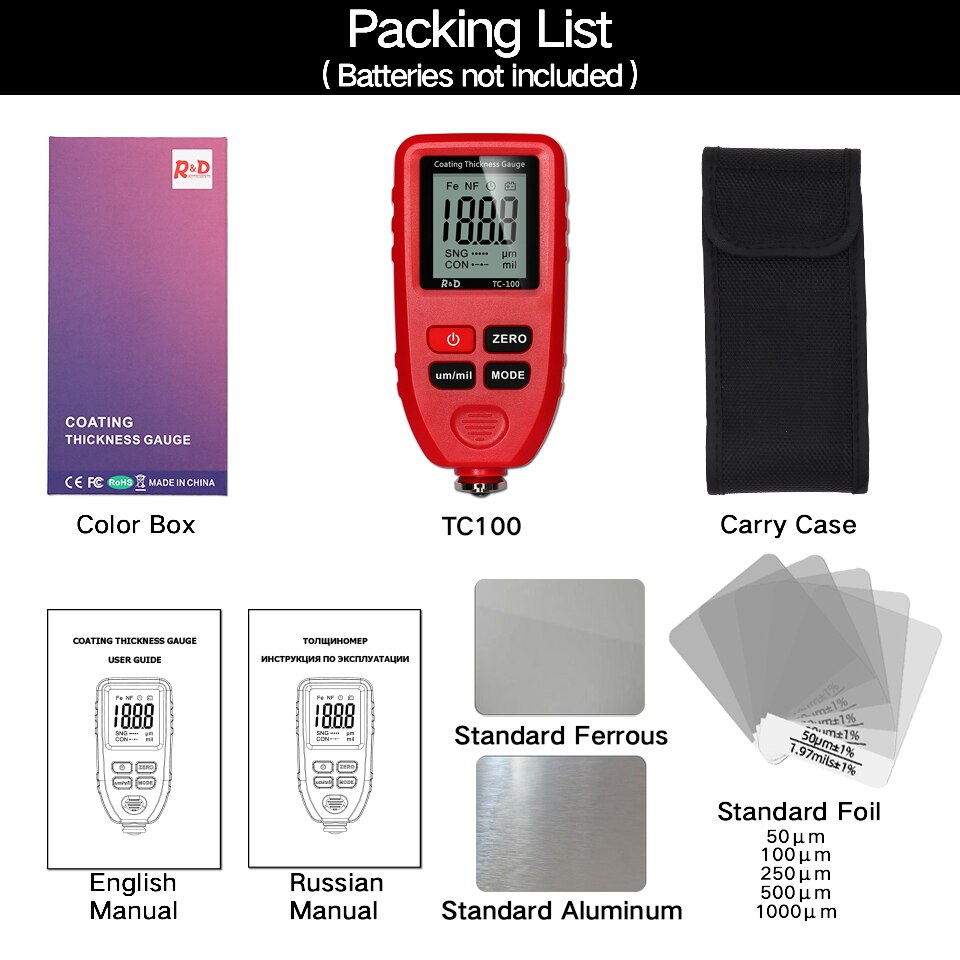 R & D TC100 jauge d'épaisseur de revêtement blanc 0.1um/0-1300 testeur d'épaisseur de Film de peinture de voiture mesure FE/NFE outil de peinture manuel russe