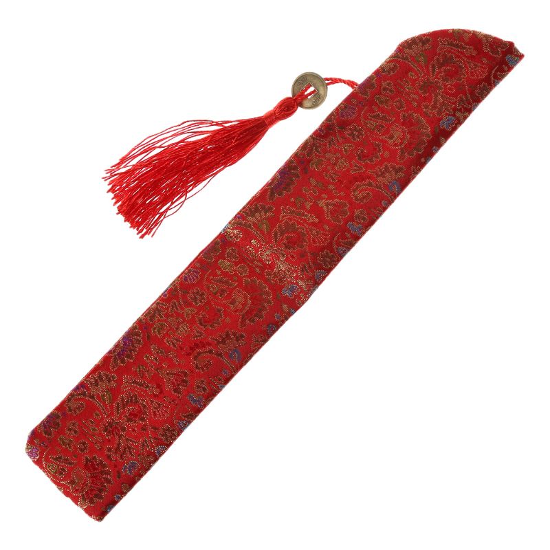 Silkefoldning kinesisk hånd fan taske med kvast støvtæt holder beskyttelsespose taske cover retro stil  e15b: Rød