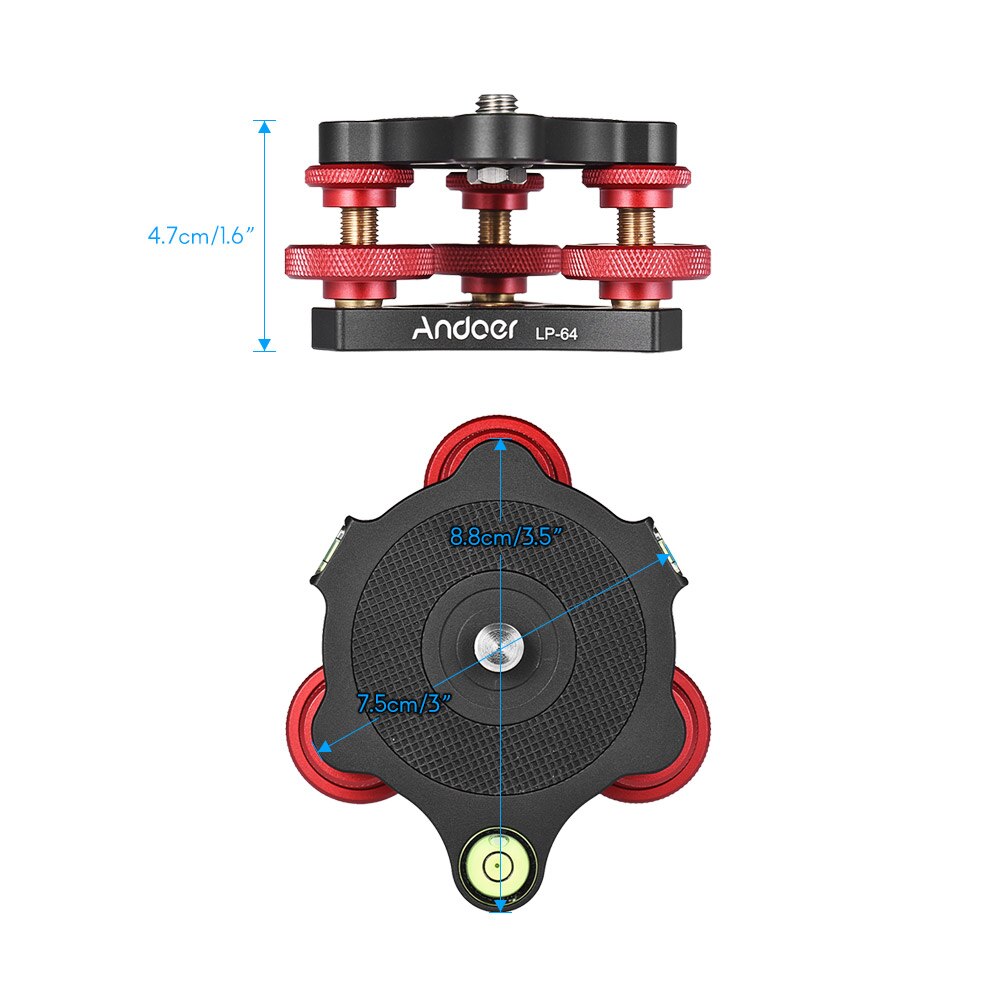 Andoer LP-64 livellatore di precisione a tre ruote con Base di livellamento per treppiede con livella a bolla 3/8 "vite lega di alluminio Max. 15kg