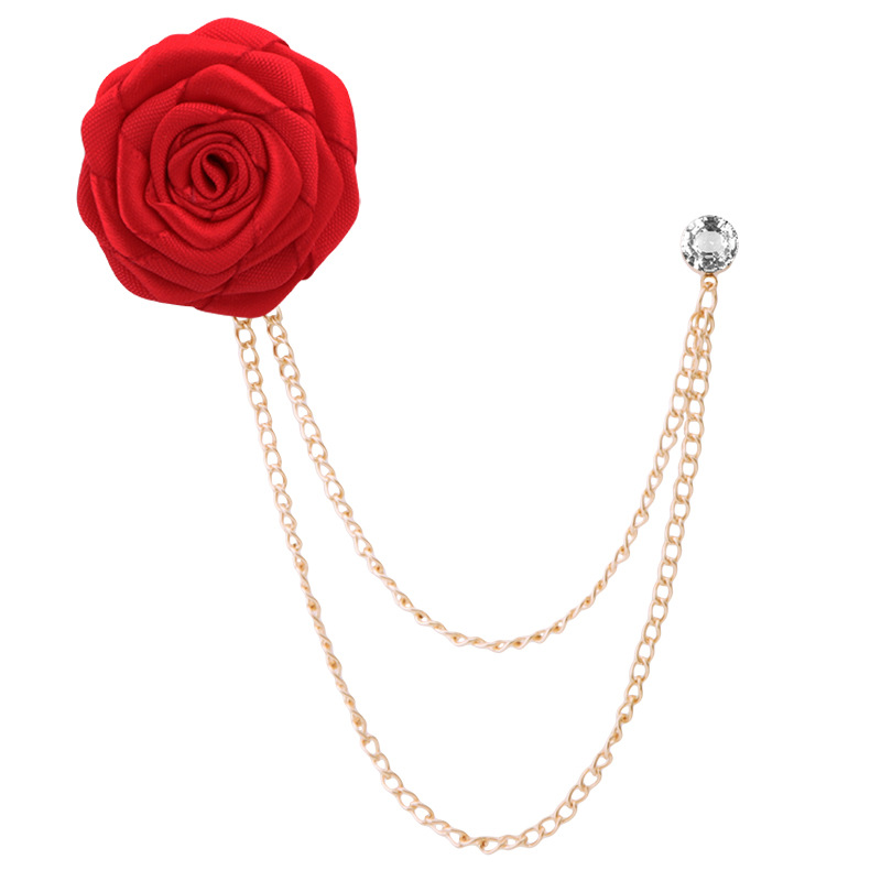 Korean Bridegroom Wedding Brooches Cloth Art Hand-made Rose Flower Brooch Lapel Pin Badge Tassel Chain Men's Suit Accessories: Imitation Rhodium Plated