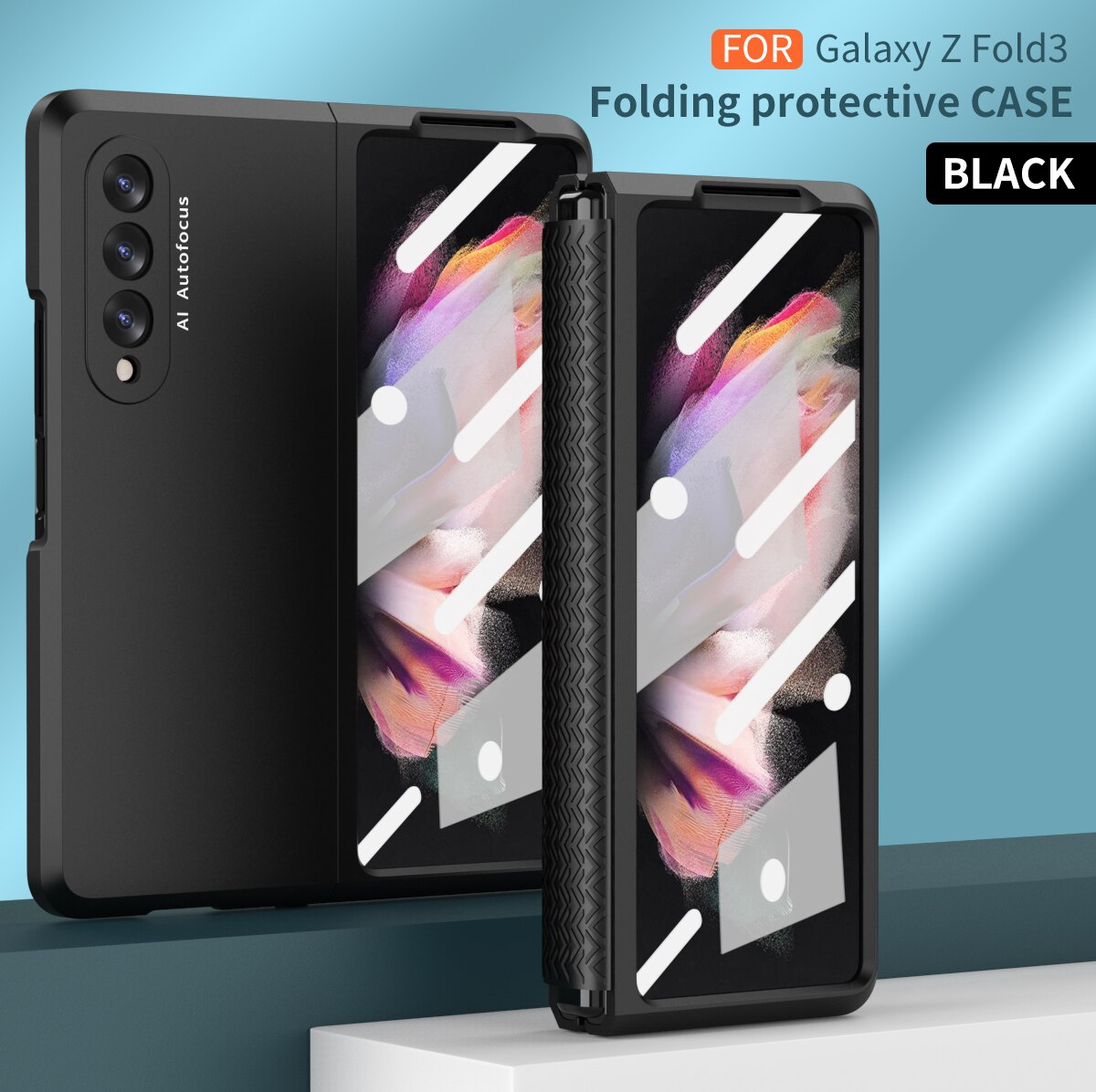 Para samsung galaxy z dobrar 3 dobradiça caso com filme de vidro frontal para galaxy z dobrar 3 5g tpu dobradiça caso completo telefone protetor funda: Preto