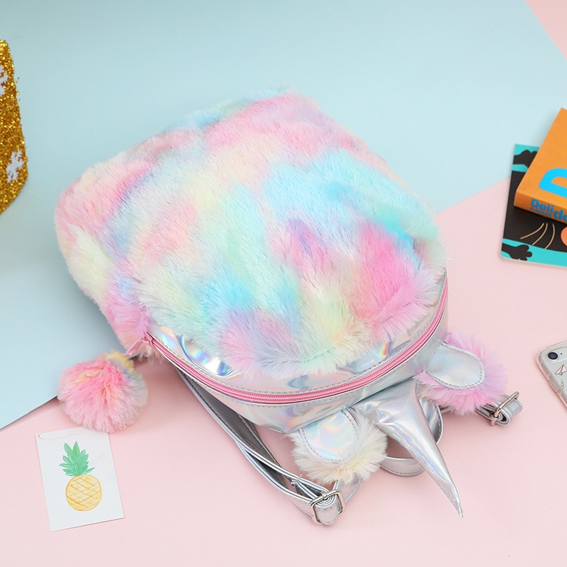 3D Cartoon kids bag holographic pink backpack for children Plush school bags pu backpack for girls mochila escolar