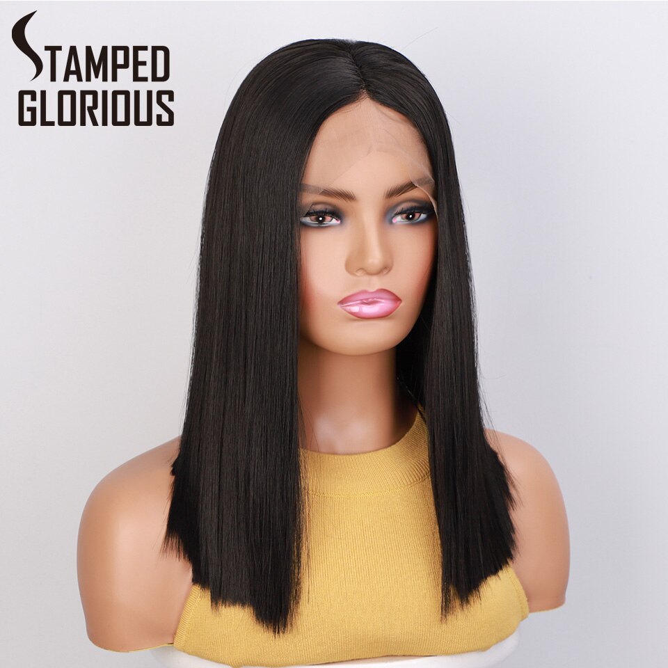 Stamped Glorious Korte Bob Lace Front Pruik Zwarte Rechte Synthetische Pruiken Voor Vrouwen Midden Divisie Gemiddelde Grootte Cap