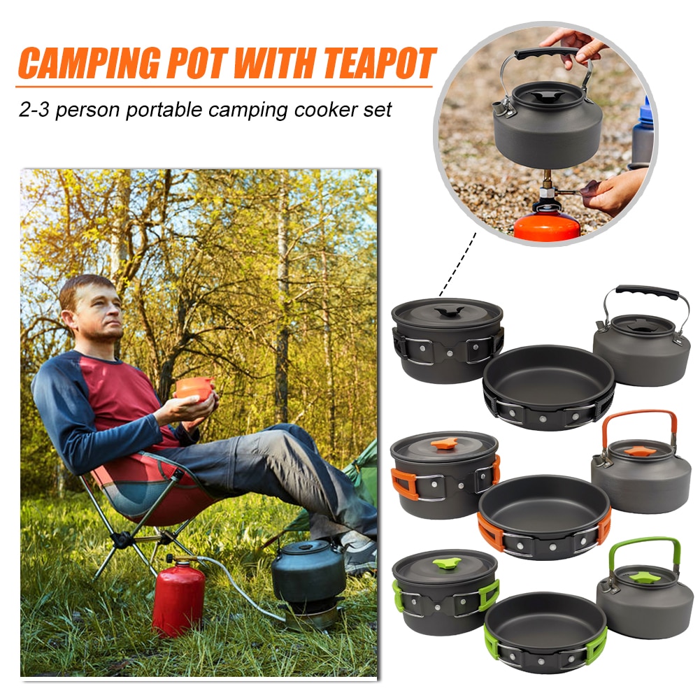 3 Stks/set Outdoor Camping Wandelen Cookware Gebruiksvoorwerpen 2-3 Mensen Draagbare Reizen Picknick Theepot Pot Koekenpan Koken Servies