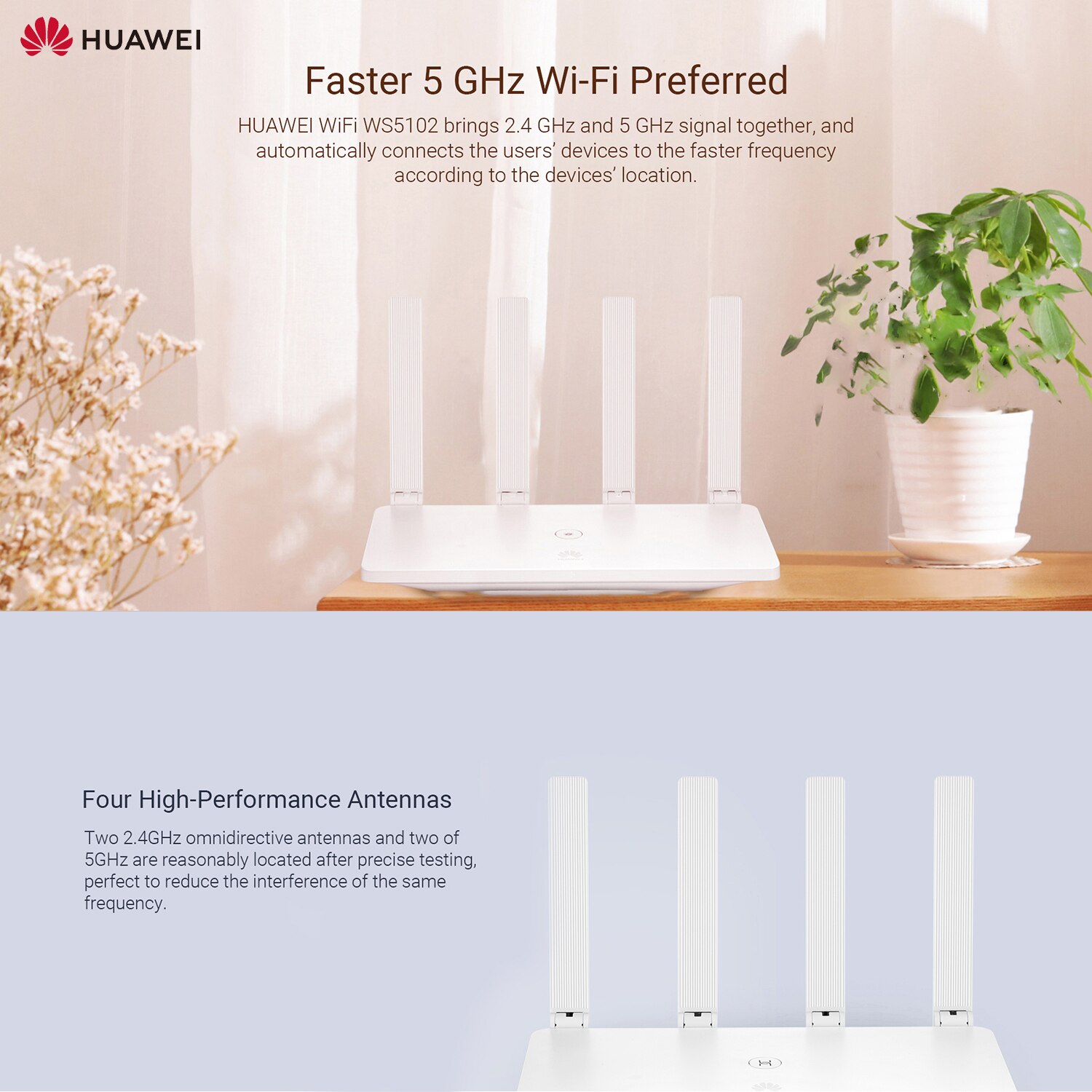 Routeur HUAWEI WS5102 routeur de maison intelligente sans fil double bande Wi-Fi 5GHz routeur préféré prise en charge IPv6/IPv4 avec 5 fibres Ethernet