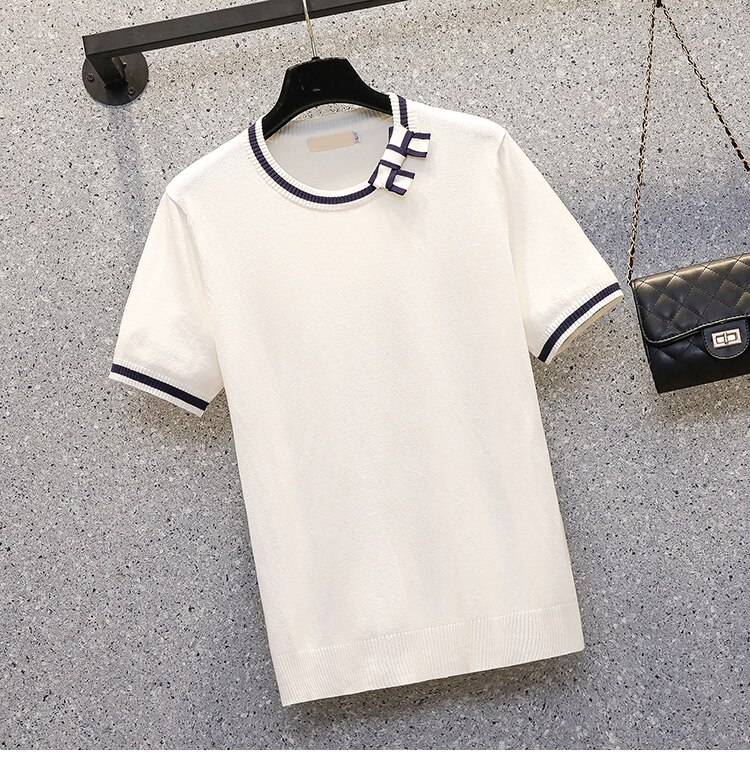 M-4XL Plus Size Vrouwen Boog Dunne Trui Korte Mouw O Nek Losse Casual Kint Oversized Vrouwelijke Trui Jumper T-shirt: WHITE / L