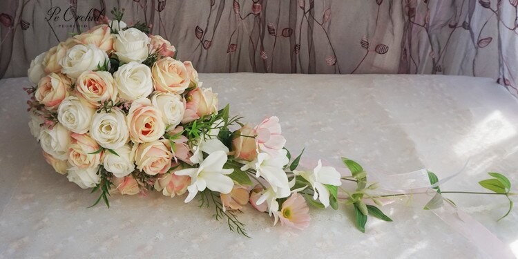 Peorchid romantisk vattendroppe bröllop silke blomma brudbukett elfenben korall ros konstgjord vattenfall stil brudbukett dekor