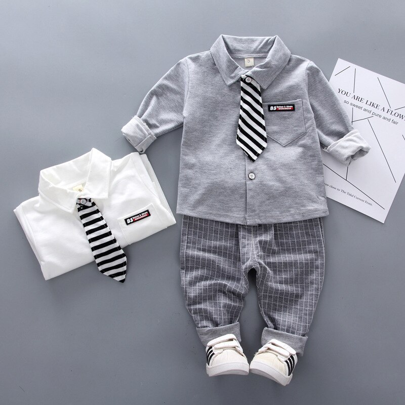 ¡Novedad de primavera ! Ropa Formal para bebés, camisa con lazo de caballero, pantalones, 2 unidades/conjunto de ropa infantil, trajes de ocio de algodón para niños.: Gris / 12 meses