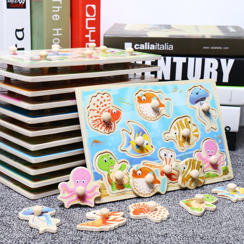 Wooden Puzzles Hand Grab Boards Toys Montessori Tangram Jigsaw Baby Educational Toys Cartoon Vehicle Animals Fruits 3D Puzzles