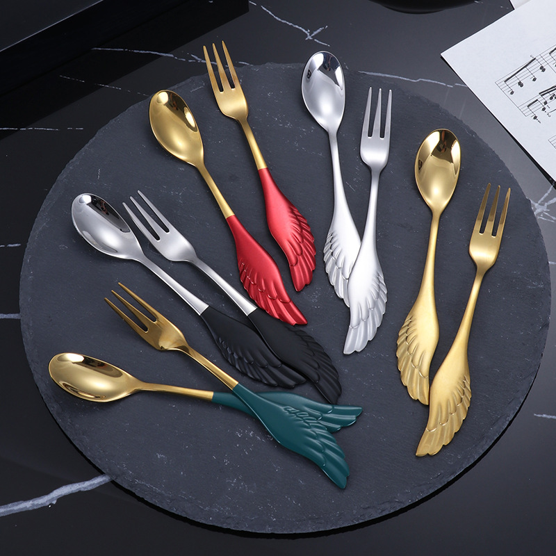 2 Pieces Dessert Spoon Fork 304 Stainless Steel Angel Wing Coffee Spoon Dessert Spoon Fruit Fork With Box