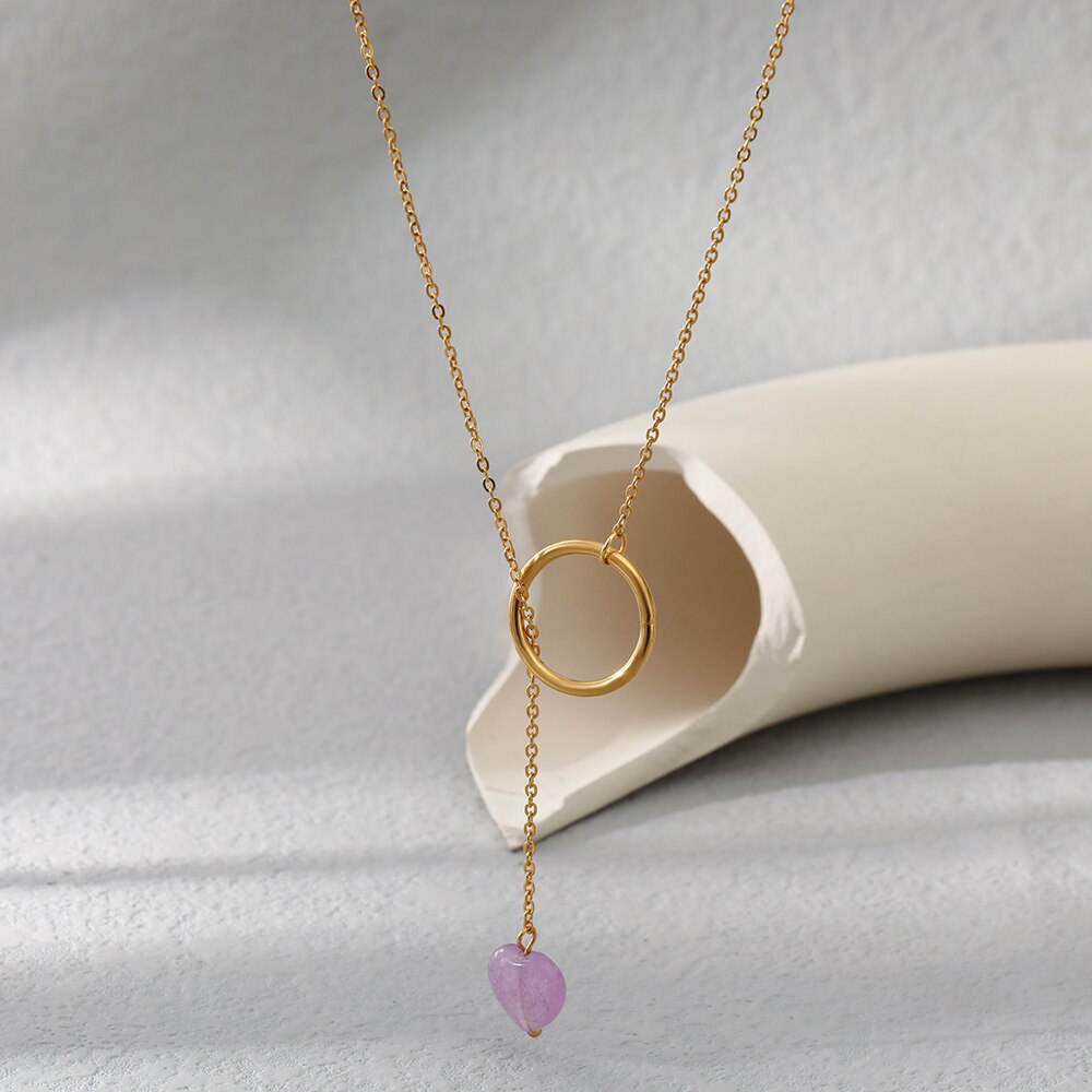 Stainless steel waterproof fade color opal stone 18k real gold plated niche high sense ladies pendant necklace