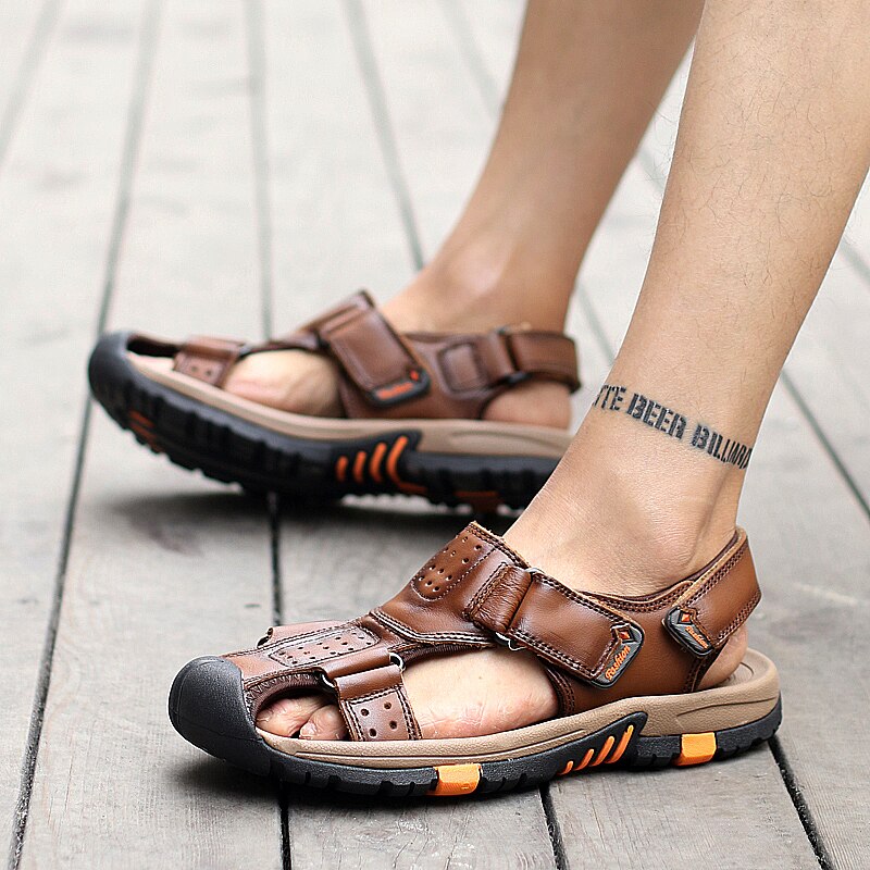 Confortable En Cuir Véritable Sandales Hommes Classique Doux Sandales Massage Respirant hommes Sandales Grande Taille 38 ~ 45: Dark brown / 45