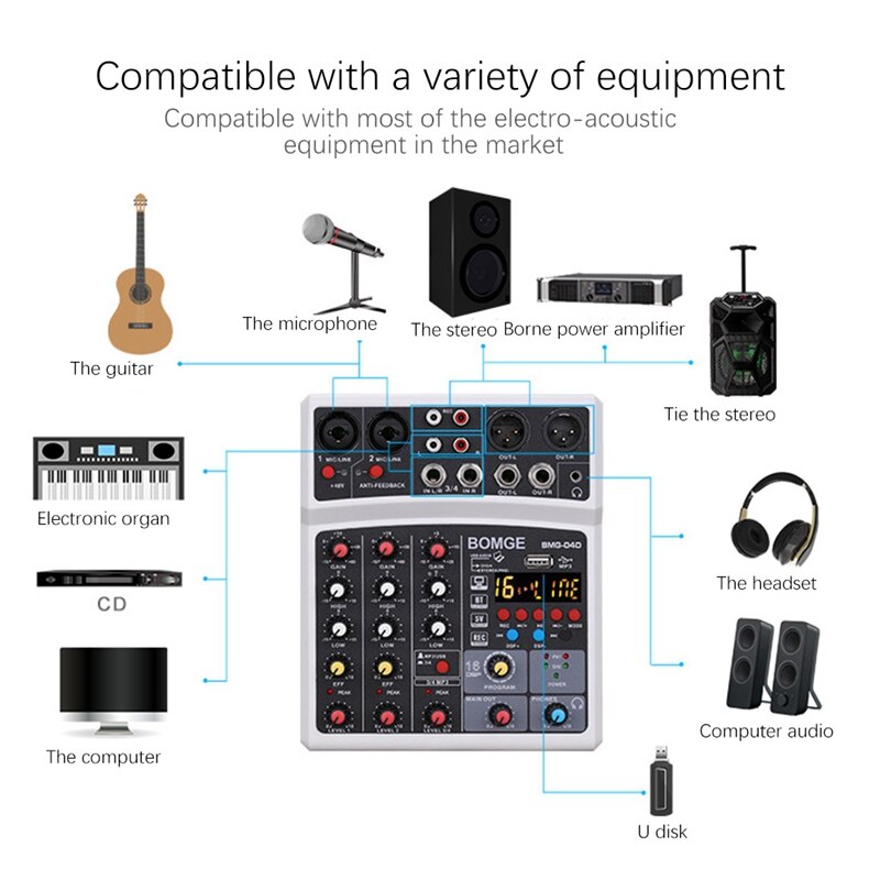 Sound Card 4-Channel Mixer Outdoor Conference Audio USB Bluetooth Reverb Audio16 Digital Effects