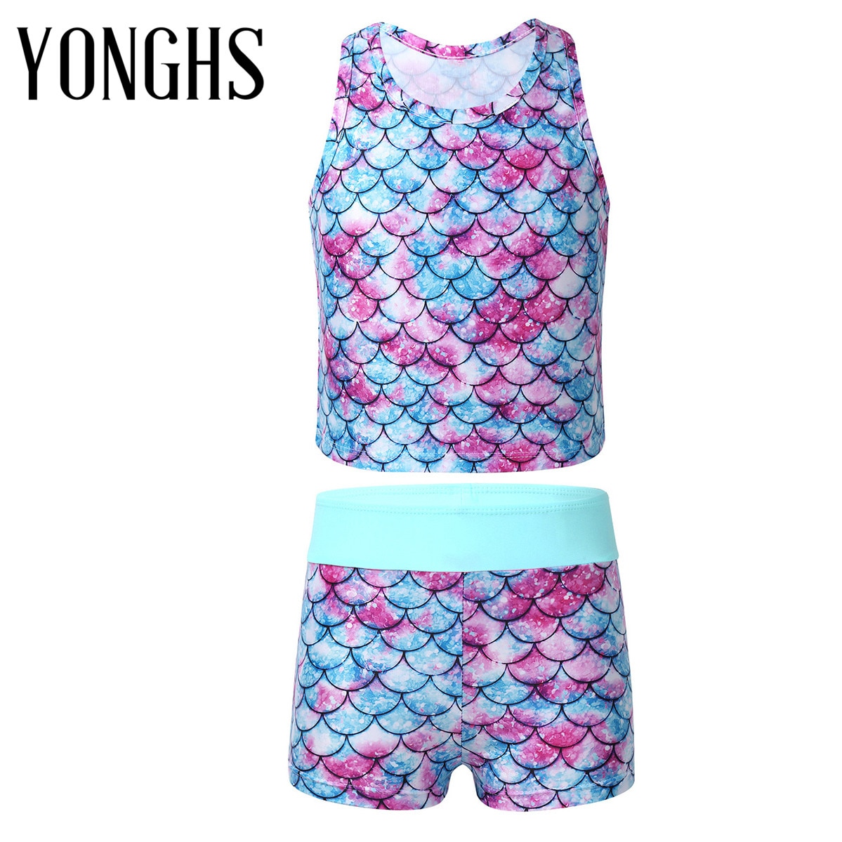 Kids Girls Tankini Swimsuits Sleeveless Racer Back Fish Scales Printed Swimwear Bathing Suit Set Swimsuit Tops with Swim Bottoms