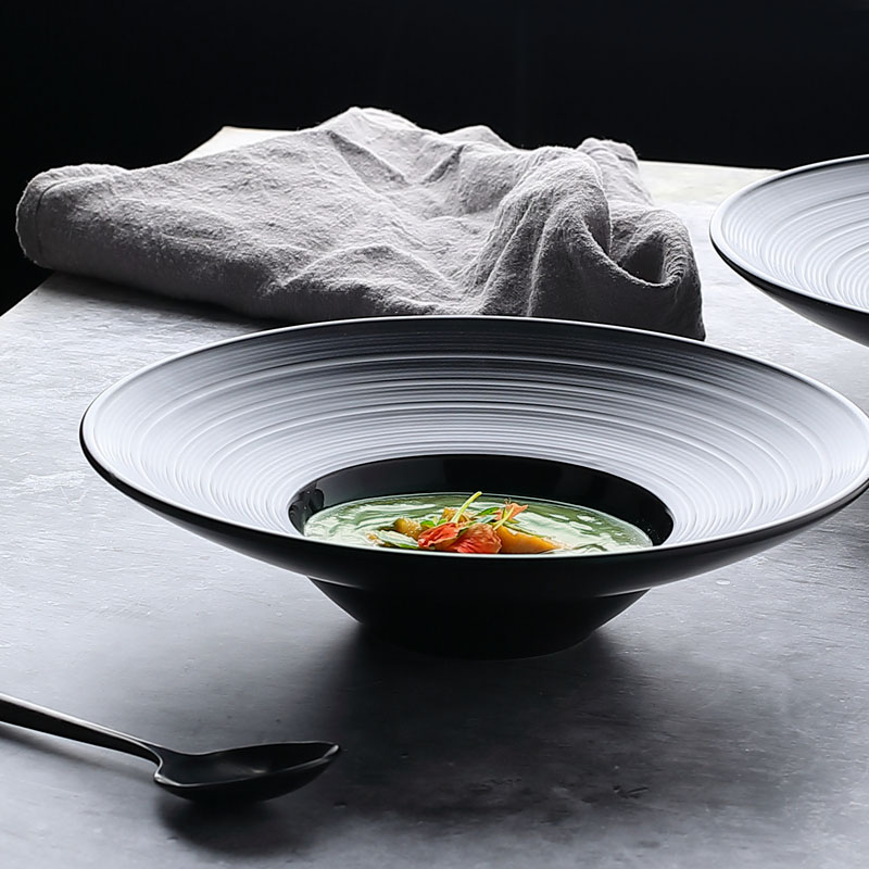 French Straw Hat Plate Ceramic Soup Plate Kitchen Retro Cold Dishes Dessert Pasta Salad Plate Brushed Matte Black Disc