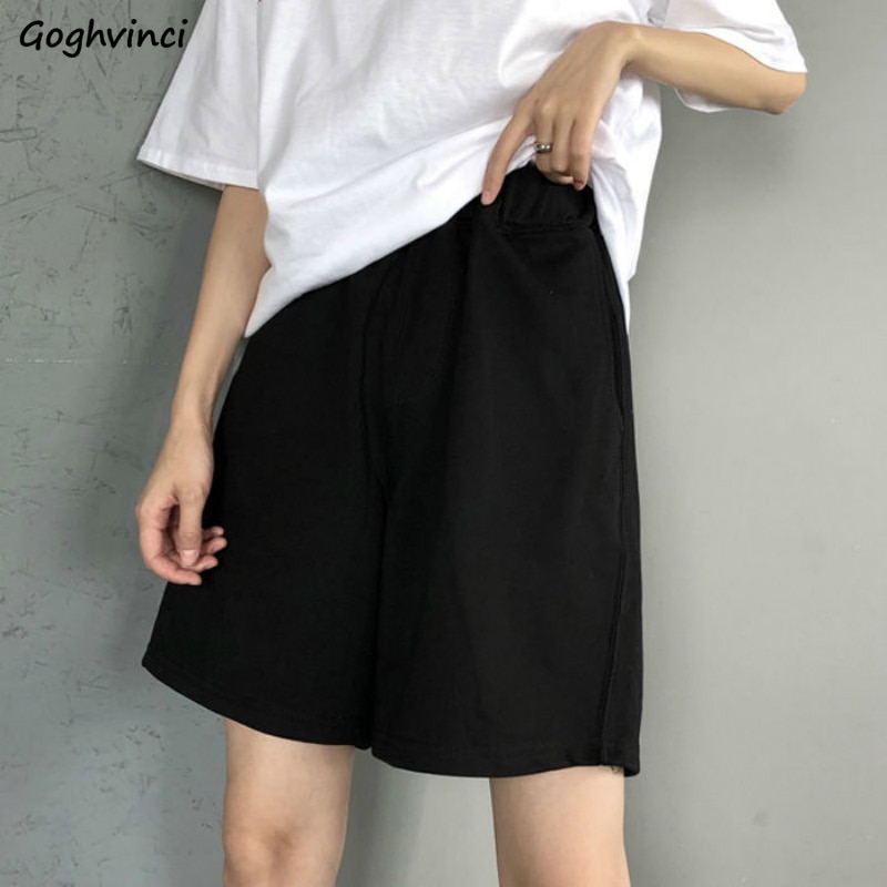 Pantalones cortos de verano para mujer, negros, hasta la rodilla, holgados, de pierna ancha, ropa de calle BF, Unisex, esbelto, estilo coreano, simples y Chic para estudiantes