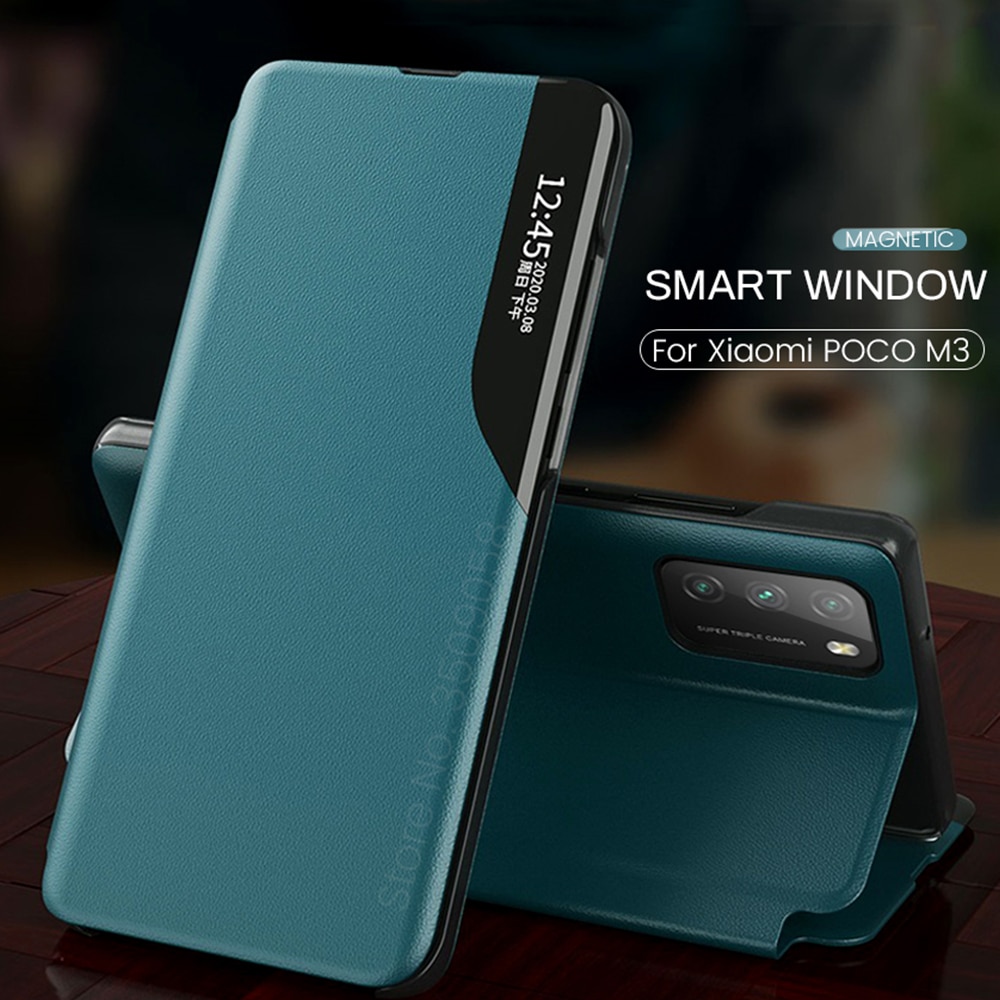 Poco-m3 fall smart fenster view magnetische pu leder flip-cover für xiaomi pocophone poco m3 wenig m 3 3m 6.53 ''buch stehen coque