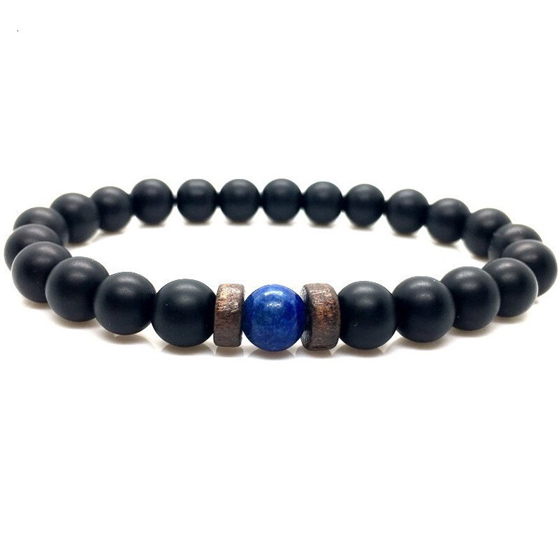 Pulsera de piedra volcánica para hombre, brazalete con cuentas negras, cuerda elástica, , joyería: H