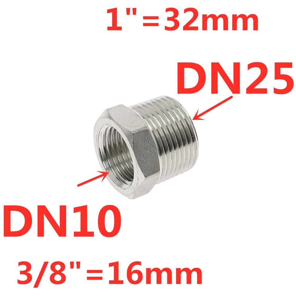 Tonisoiva sydämen vähennysholkki 1/8 &quot; 1/4 &quot; 3/8 &quot; 1/2 &quot; bsp uros/naaraskierre  ss304 ruostumattomasta teräksestä valmistettua putkiliitosta vesikaasuöljylle: Dn25 to dn10