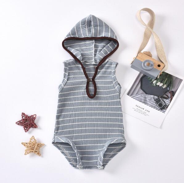Décontracté bébé barboteuses à capuche 3 couleurs rayé tricoté bouton sans manches combinaison Outwear garçons filles vêtements: B / 6M