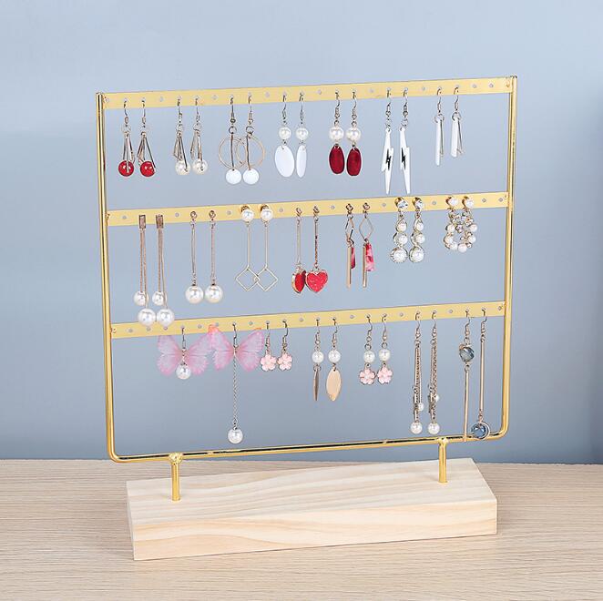 Earrings Stand Jewelry Display Earrings Holder Jewellery Storage Wooden Base Metal Ear Studs Pendant Rack