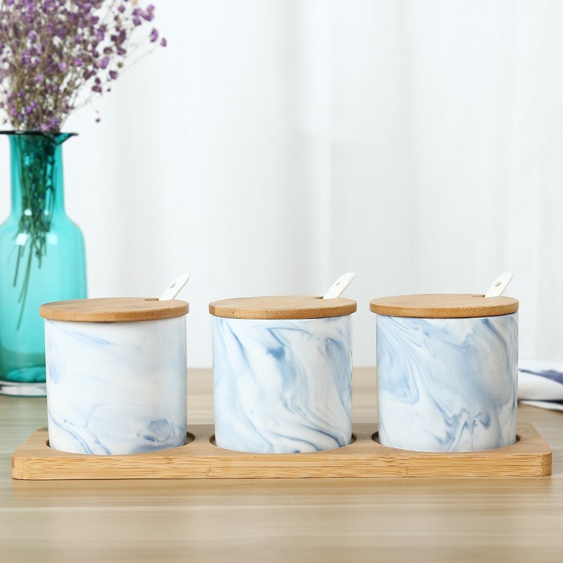 Chinese ceramic seasoning pot Kitchen Tools Gadgets Salt Sugar bowl Canister spice jar Herb Spice Tools Ceramic jar Bamboo box
