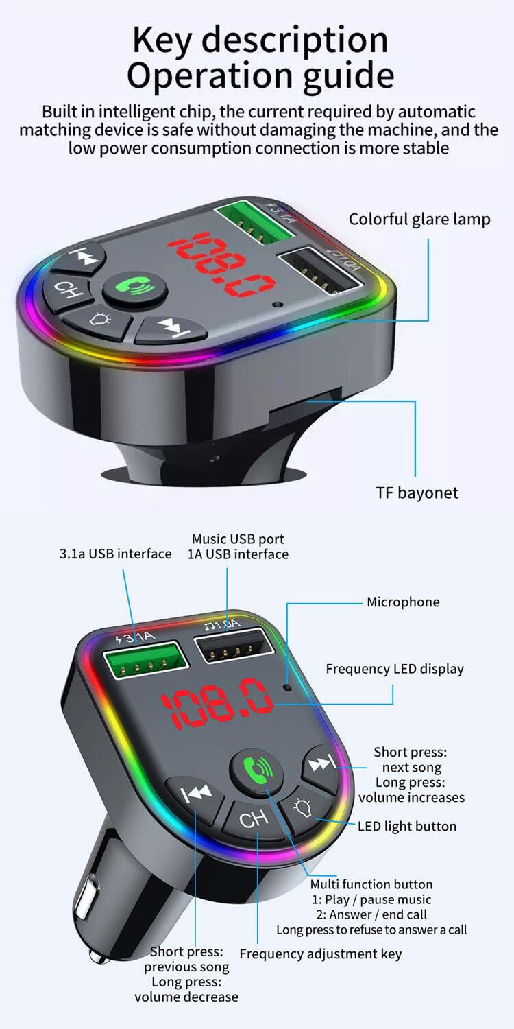 Reproductor modulador de MP3 con Bluetooth 5,0 para coche, receptor de Audio inalámbrico con manos libres, cargador rápido USB Dual 3.1A, Kit de coche transmisor FM