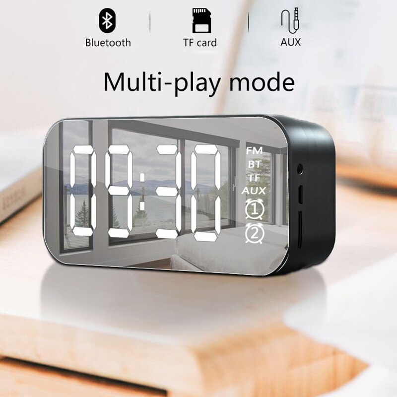Multifunction LED Digital Dual Alarm Clock Bluetooth Speaker With FM Radio LED Mirror Wireless Music Player Snooze Temperature