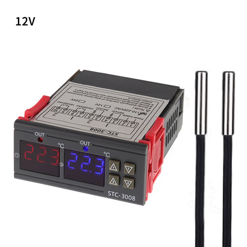 Dobbelt digital inkubator termostat temperaturregulator to relæ output termoregulator 10a opvarmning køling stc -3008 12v 220v: Stk -3008 12v