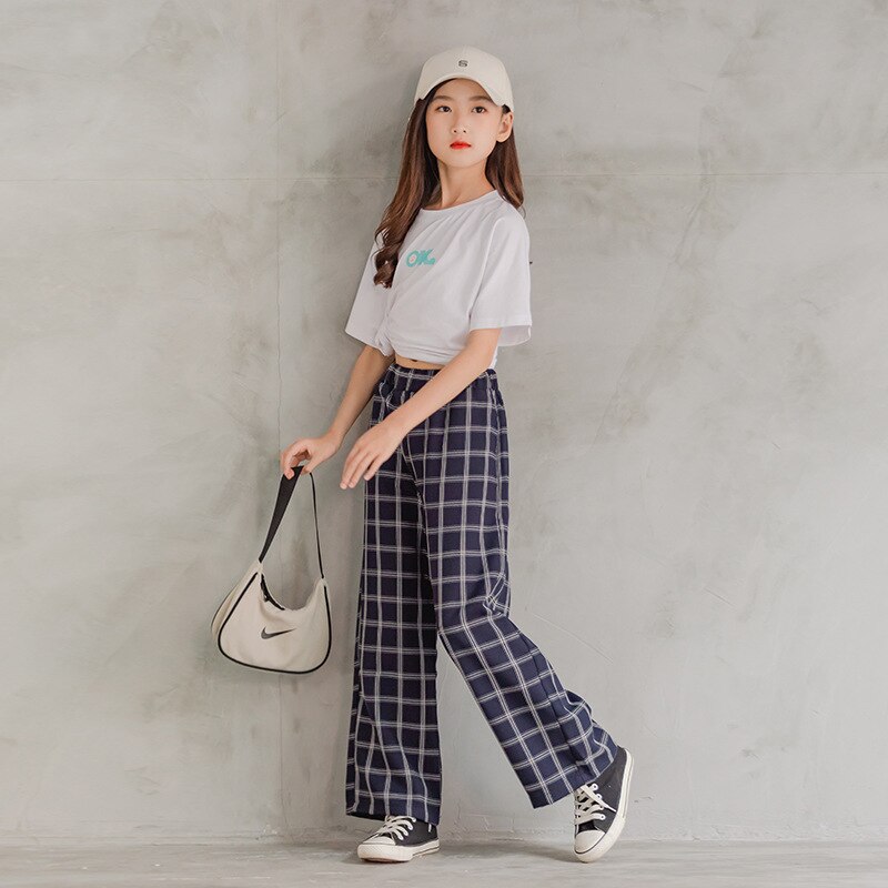 Pantalones informales a cuadros para niñas, pantalón de pierna ancha, holgado, delgado, para adolescentes, ropa escolar, 10, 12, 13 y 14 años, verano 2022