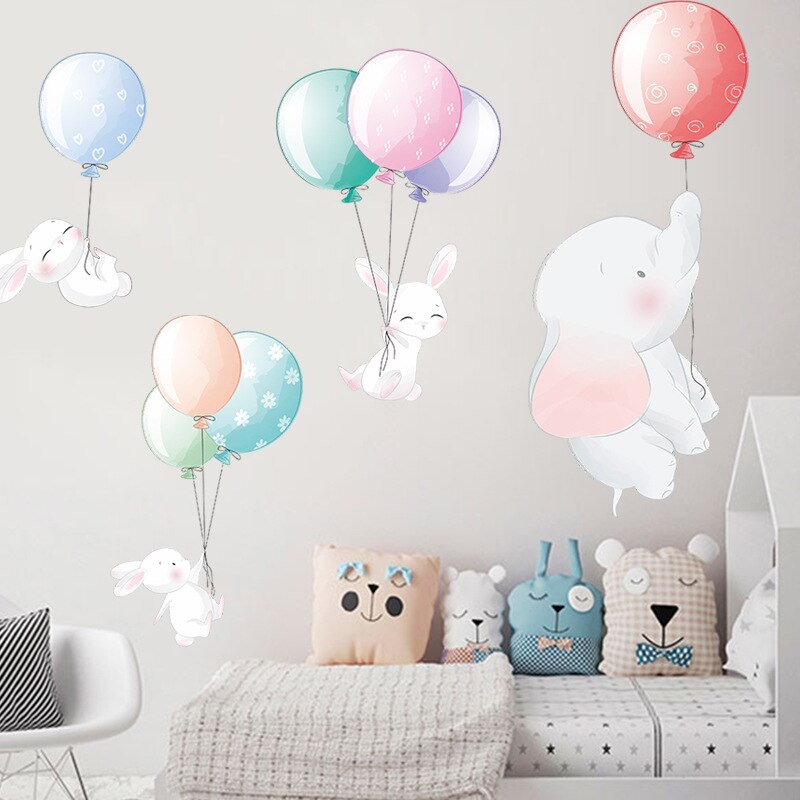 Cartoon Elehant En Bunny Met Air Balloon Muurstickers Voor Kinderkamer Baby Kinderkamer Decoratie Muurstickers Voor Living kamer