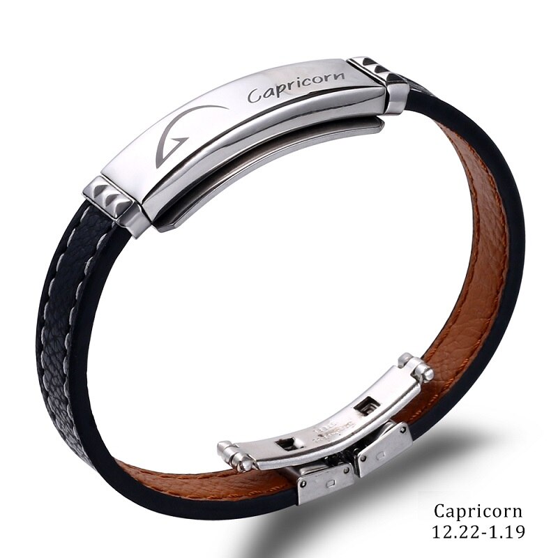 Pulsera de acero inoxidable con 12 Constelaciones para hombre, joyería de , Charm, cuero negro, signos del zodiaco informales, Punk,: capricorn