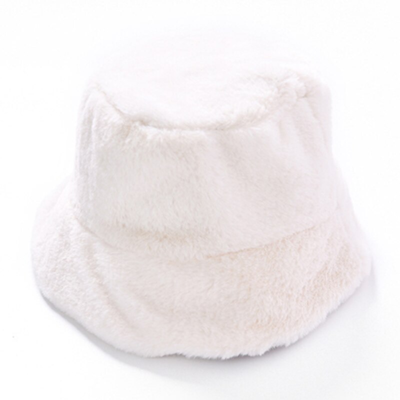 Chique dames hoeden winter reizen gorros pluche imitatiebont brede rand dik warm effen koud emmer pet hoofdaccessoires: Wit