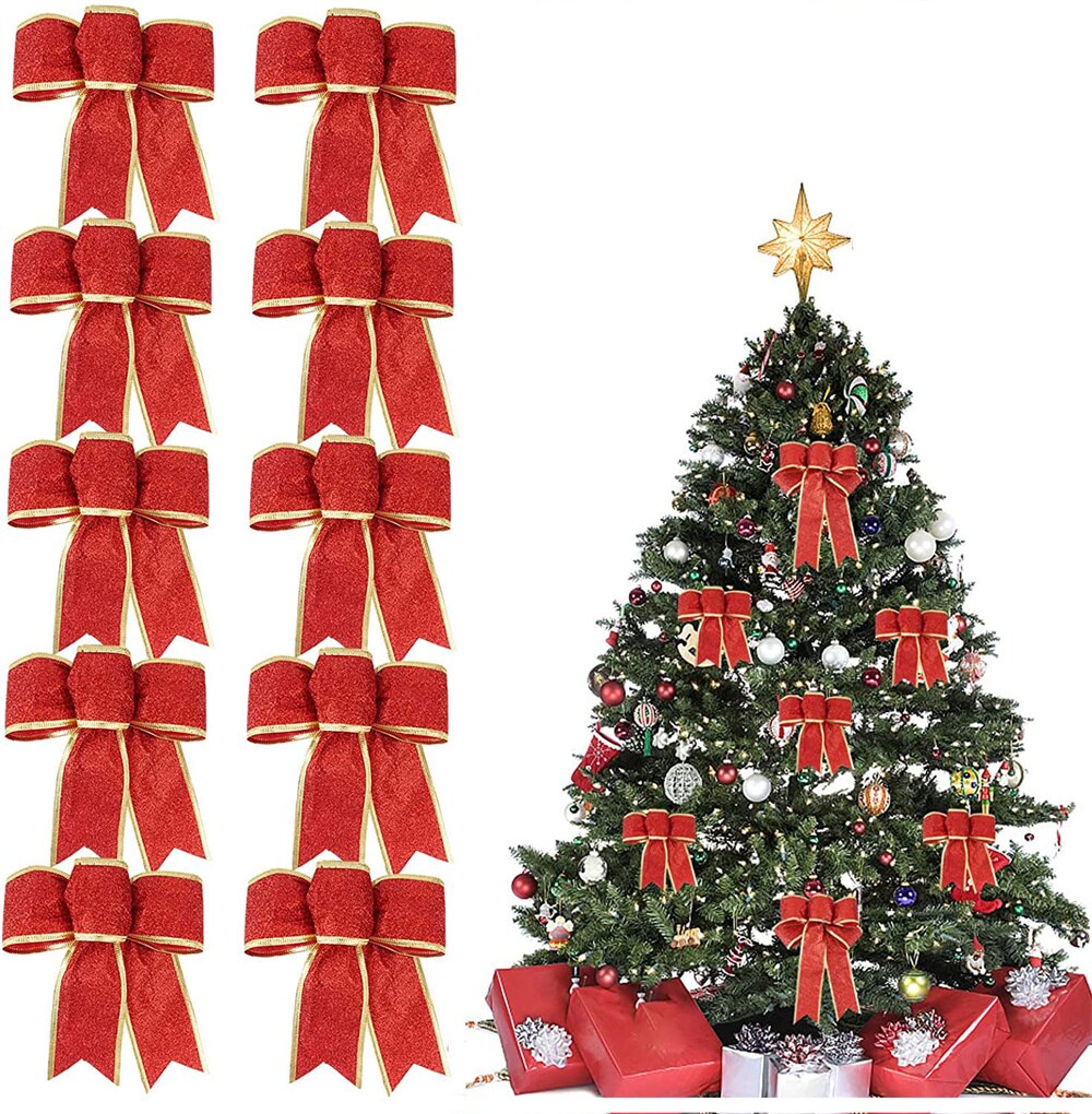 10Pcs Grote Kerstboom Decoratie Bows Glitter Gold Decoratieve Bogen Voor Kerst Home Party Decoratie Jaar Cadeau: Rood