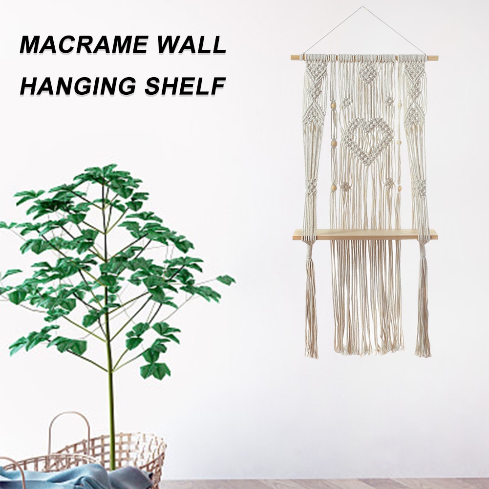 Slaapkamer eenvoudig te installeren houten zwevende handgemaakte ornament plantenrek woondecoratie geweven wandtapijt macramé wandplank scandinavisch