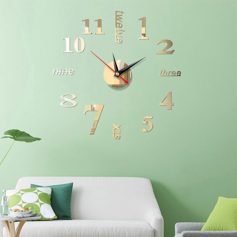 Klok horloge 3d diy acryl spiegel wand digitale klok stickers muurdecoratie woonkamer muur ornament huisdecoratie: Licht goud