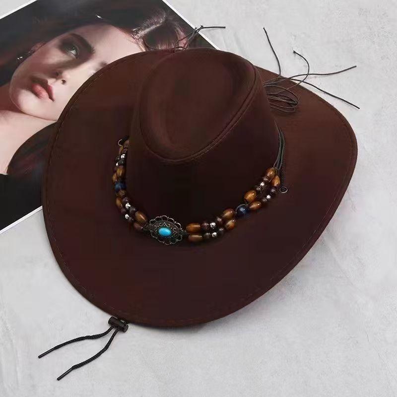 Vintage Tribal Western Cowboy Hat Ethnic Pattern Wide Brim Casual Sun Hat Retro Suede Big-edge Cowgirl Denim Hat for Travel: WHITE