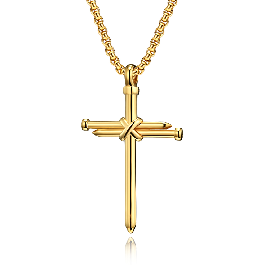 Collier pendentif croix à ongles pour hommes, boîte à bijoux chrétien à la , chaîne en acier inoxydable, couleur or noir: Gold / None (only pendant)