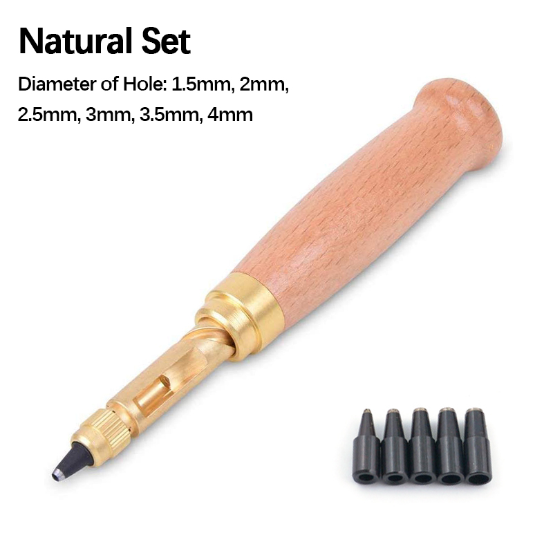 Jeu de poinçons amovibles pour le cuir, perceuse de reliure à vis automatique japonaise avec 6 tailles de pointe 1.5-4mm pour trou de papier de ceinture en cuir artisanal: Natural Color Set
