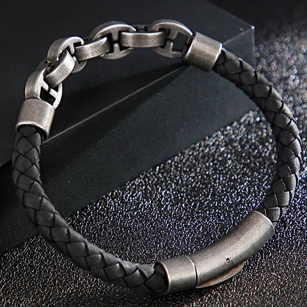 6MM Wide Braided Woven Leather Bracelet Men Stainless Steel Mens Jewellery Male Bracelets Rope Chain Birthday For Boyfriend