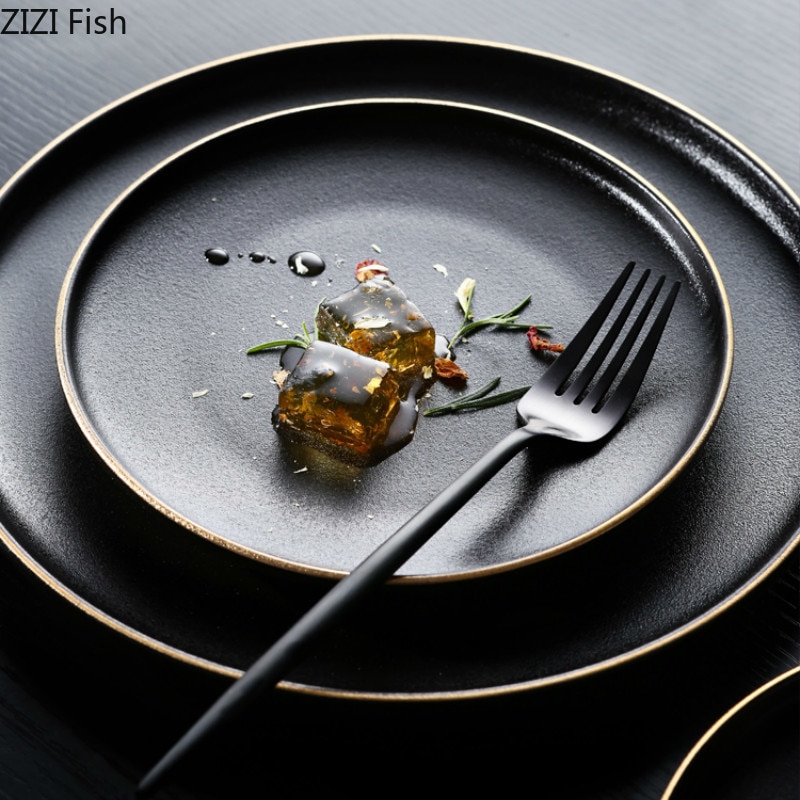 Guldkant rund keramisk tallerken fad sort porcelænsservice western-stil middagsretter og tallerkener salat bøf frugt tallerken